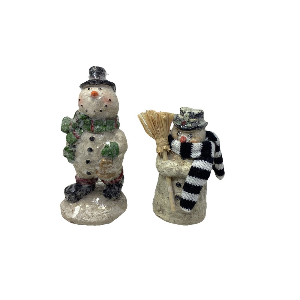 (2) Rustic Primitive Snowman Figurines Glitter Christmas Decor 5-6"